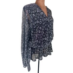 Ashley Stewart Metallic Polka Dot Blouse 3X‎ Silver Black Sheer Tie V-Neck NWT